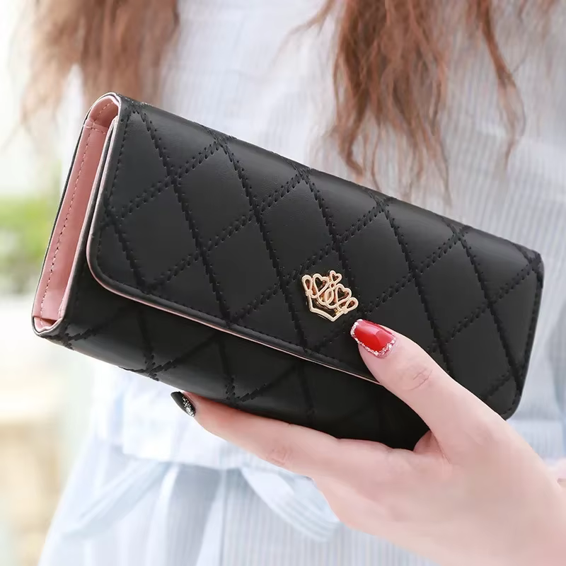 Portefeuilles longs noirs pour femmes en cuir PU, motif diamant, porte-cartes, boucle couronne, sac 