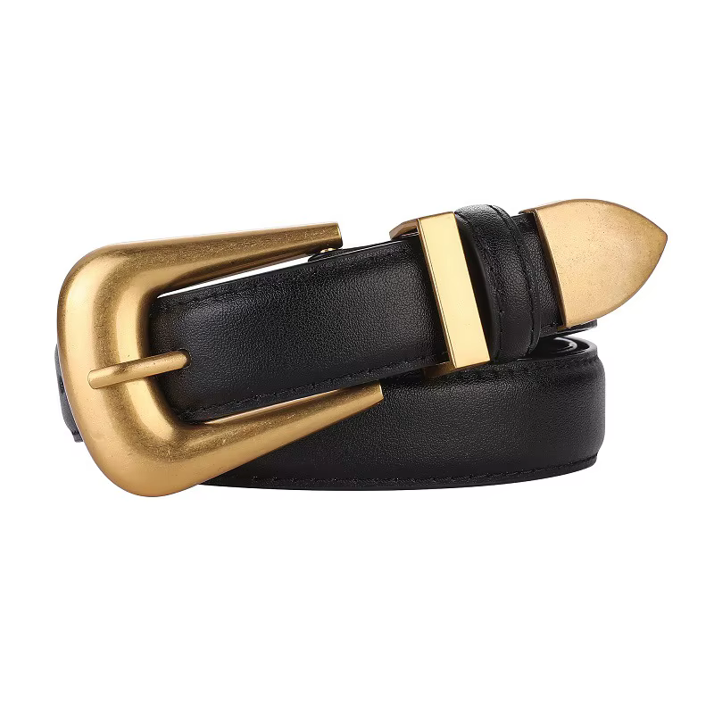 Ceinture en cuir véritable pour femme, cuir bordeaux avec structure en métal doré, mode décontractée