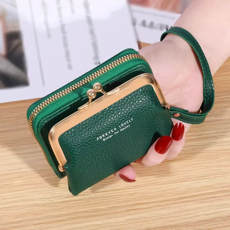 Portefeuille court avec dragonne pour femme, grande capacité, pince à monnaie, sac à cartes, plusieu