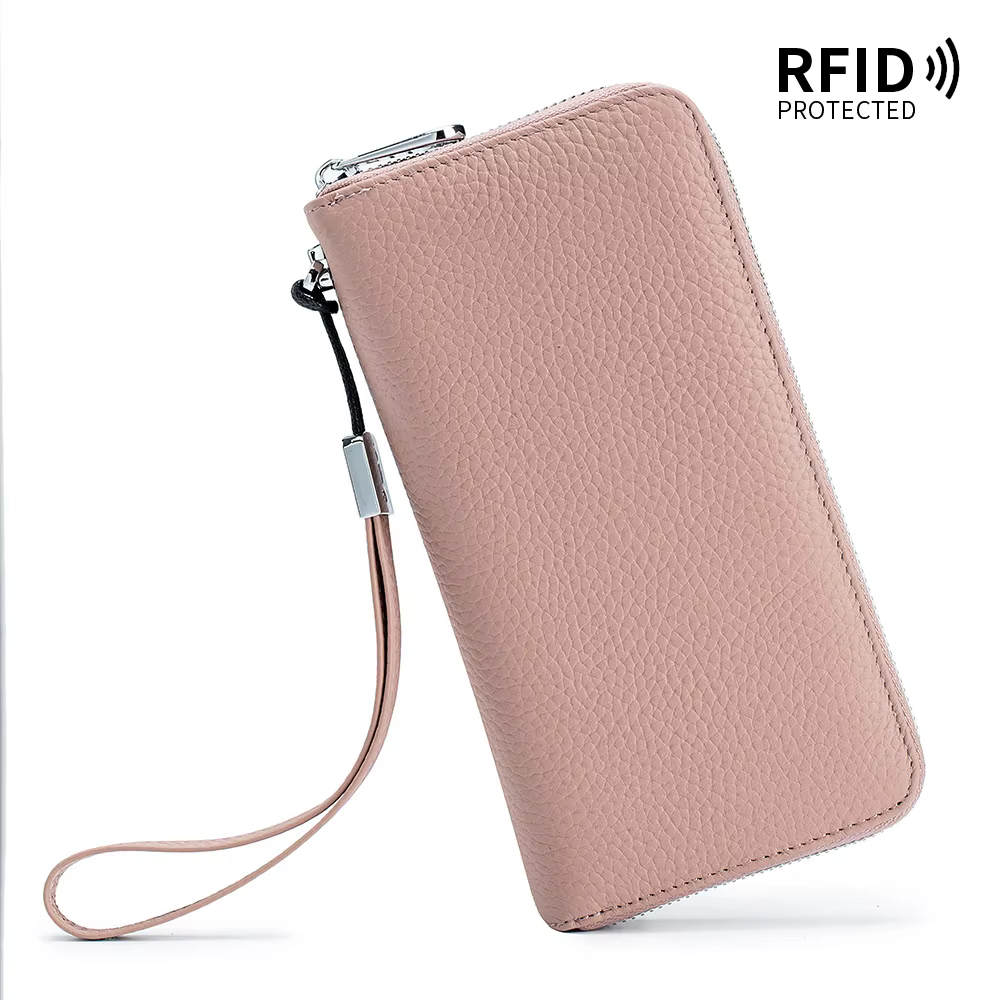 Portefeuille pour femmes en cuir véritable, fonction RFID, design de luxe, sacs à main longs à ferme