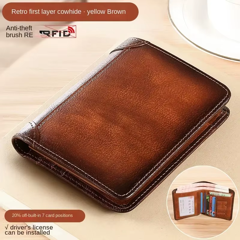 Hommes portefeuille en cuir véritable Rfid blocage à trois volets portefeuille Vintage mince court M