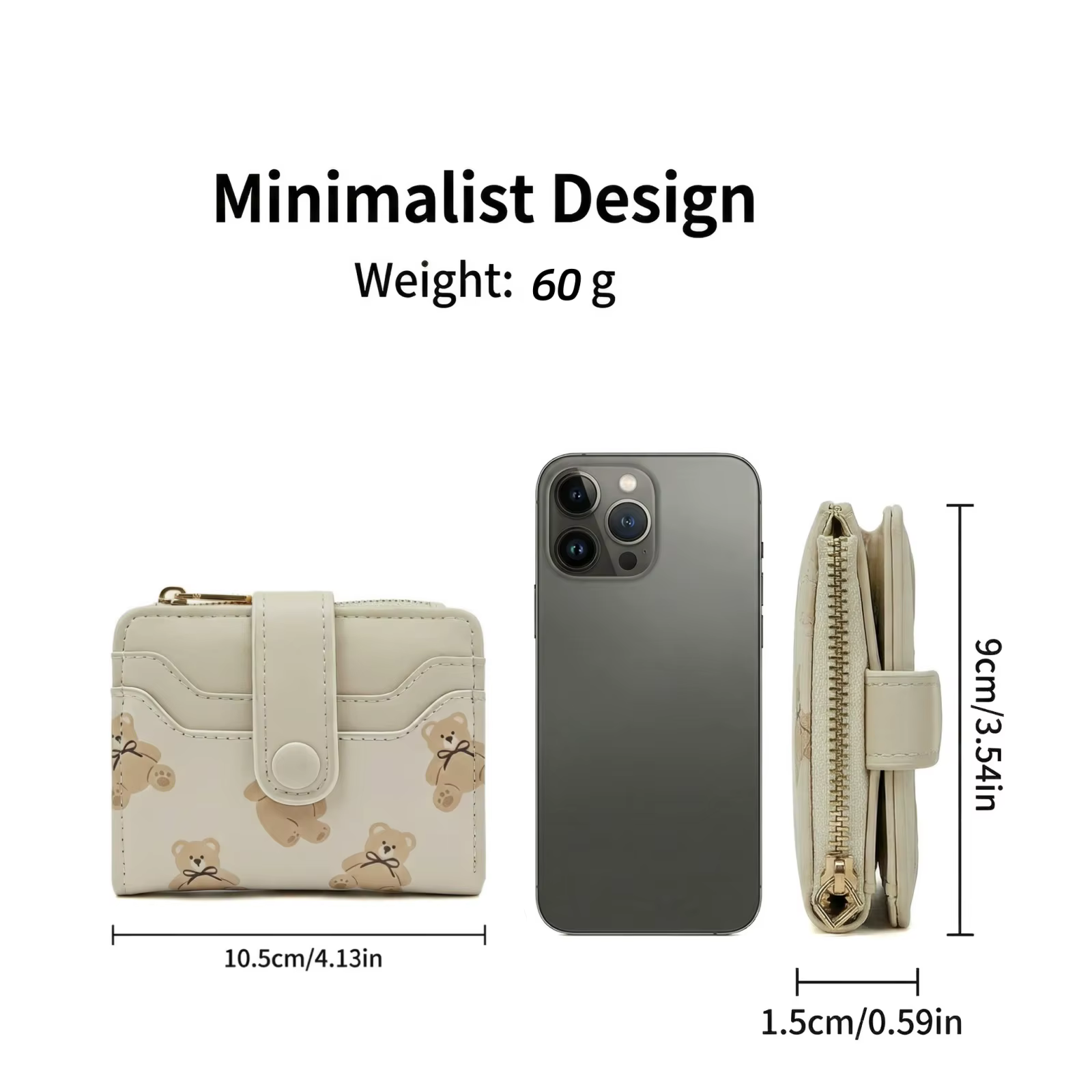 Portefeuille bifold pour femme en cuir PU avec motif d'ours mignon