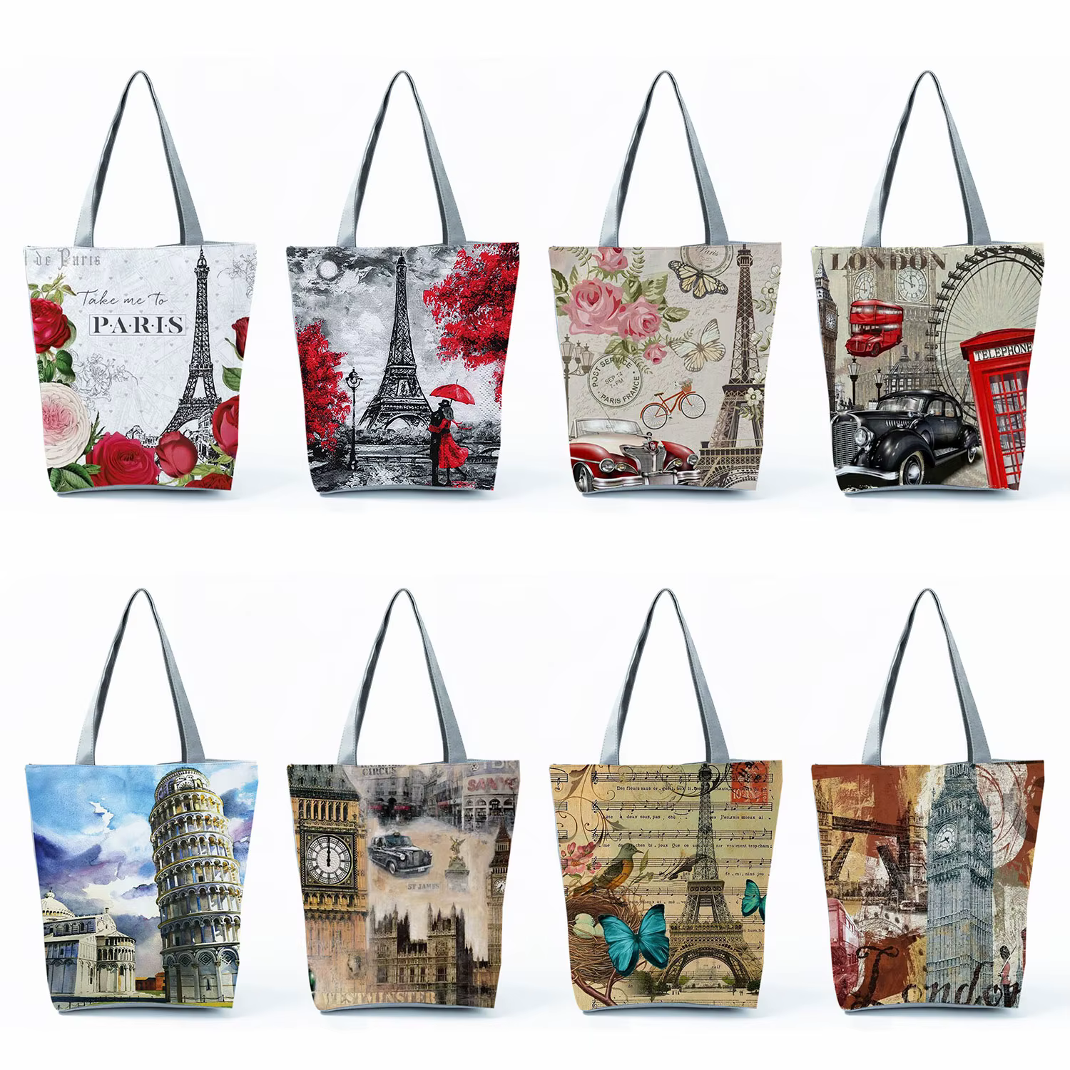 Sac à provisions imprimé tour Eiffel pour femme, sac à main, sac à main, cadeau Big Ben, sac initié, beau paysage, sac fourre-tout décontracté, construction tour de fer