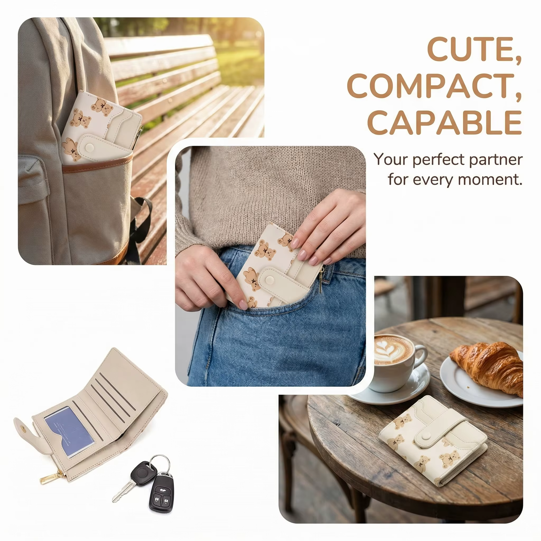 Portefeuille bifold pour femme en cuir PU avec motif d'ours mignon