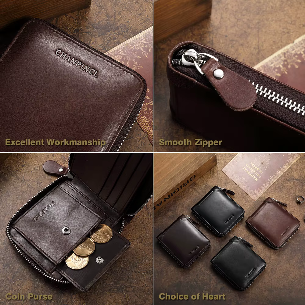 Portefeuille Homme Cuir Italien Vintage Fermeture Éclair Intégrale CHANPINCL – Poche à Pression