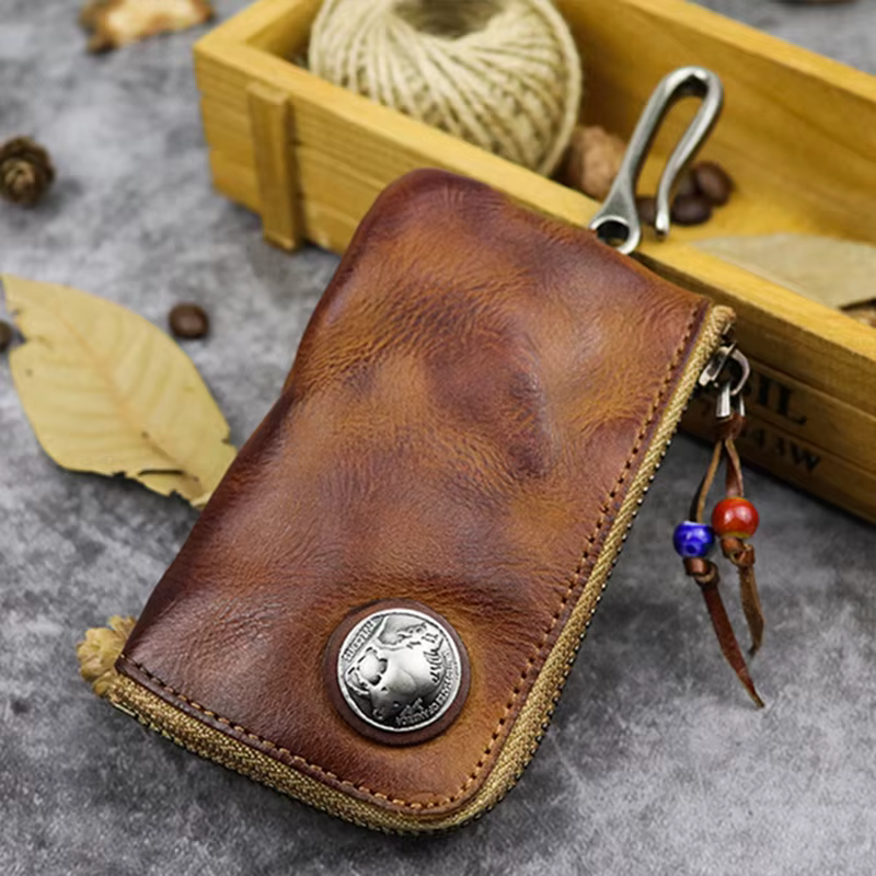 Porte-clés en cuir Original pour hommes, court, Vintage, fait à la main, fermeture éclair, porte-clé de voiture, porte-monnaie, étui pour cartes, organisateur de femme de ménage