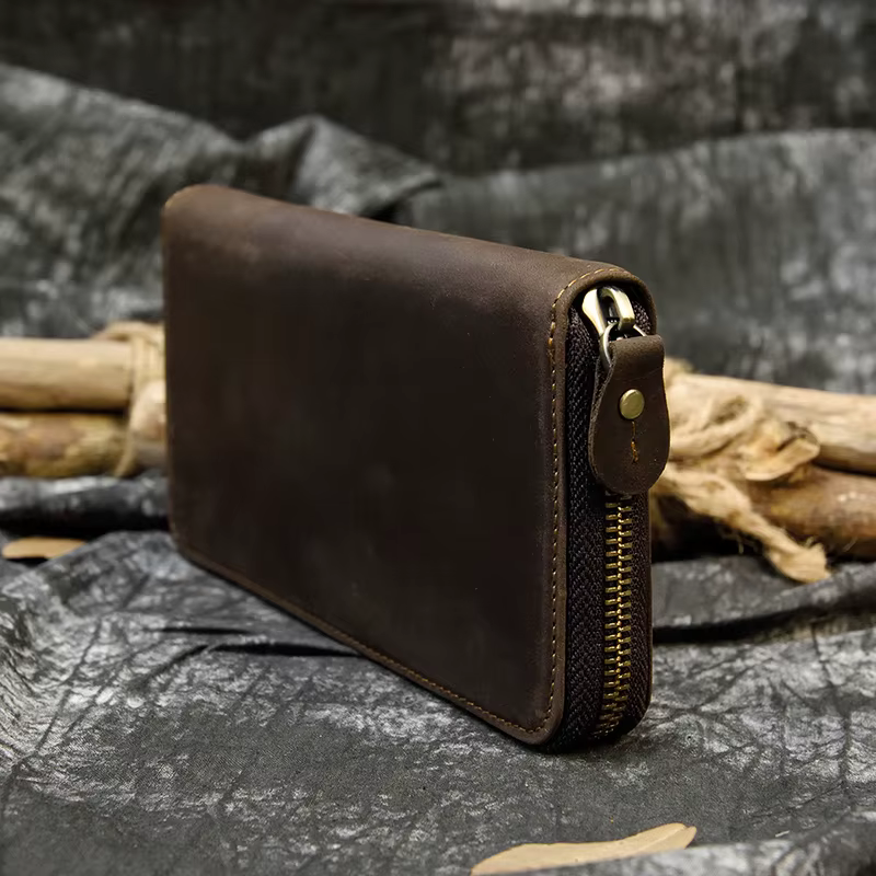 Luufan Crazy Horse portefeuille en cuir hommes pochette sac à main Double fermeture éclair 24 porte-cartes Vintage