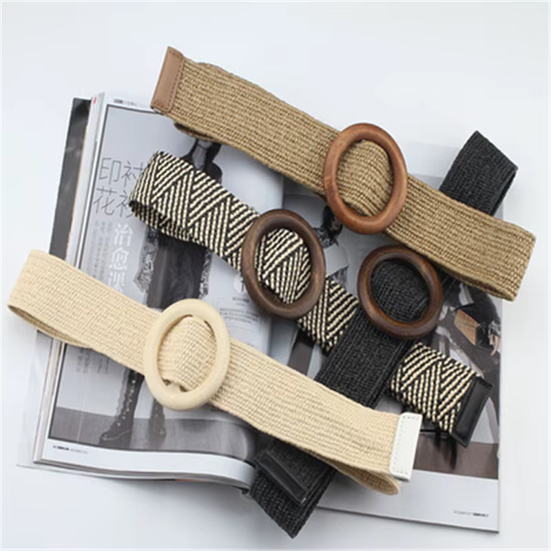 Ceinture tressée élastique bohème avec boucle en bois pour femmes