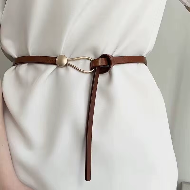 Ceinture fine en cuir avec nœud blanc ou noir pour femme