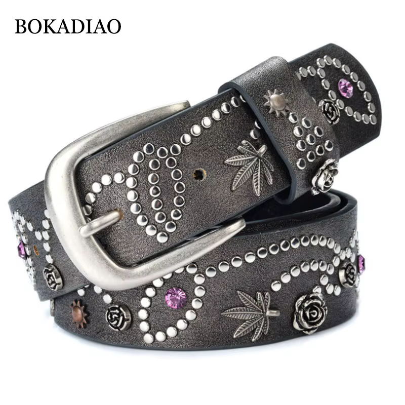 BOKADIAO femmes ceinture en cuir feuilles fleurs Punk Rivets mode ceintures