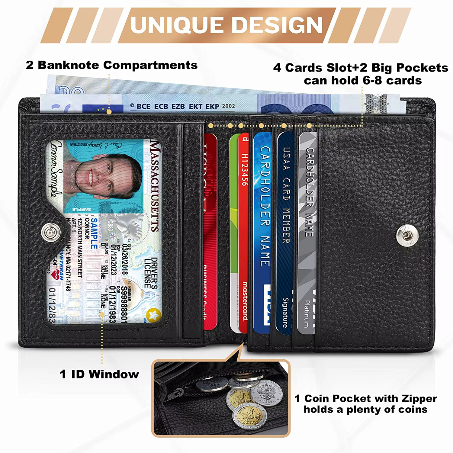 Portefeuille décontracté en cuir véritable souple pour hommes, porte-monnaie noir RFID, porte-cartes