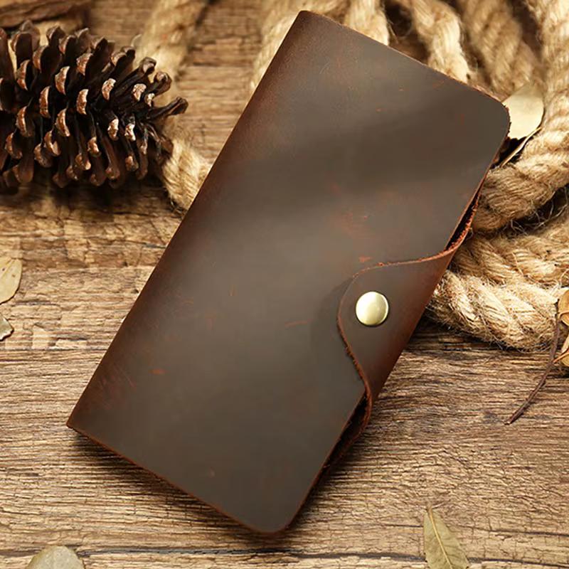 Portefeuille Long en Cuir de Cheval pour Homme, Pochette à Trois Volets, Marron, avec Poche pour Téléphone et Monnaie