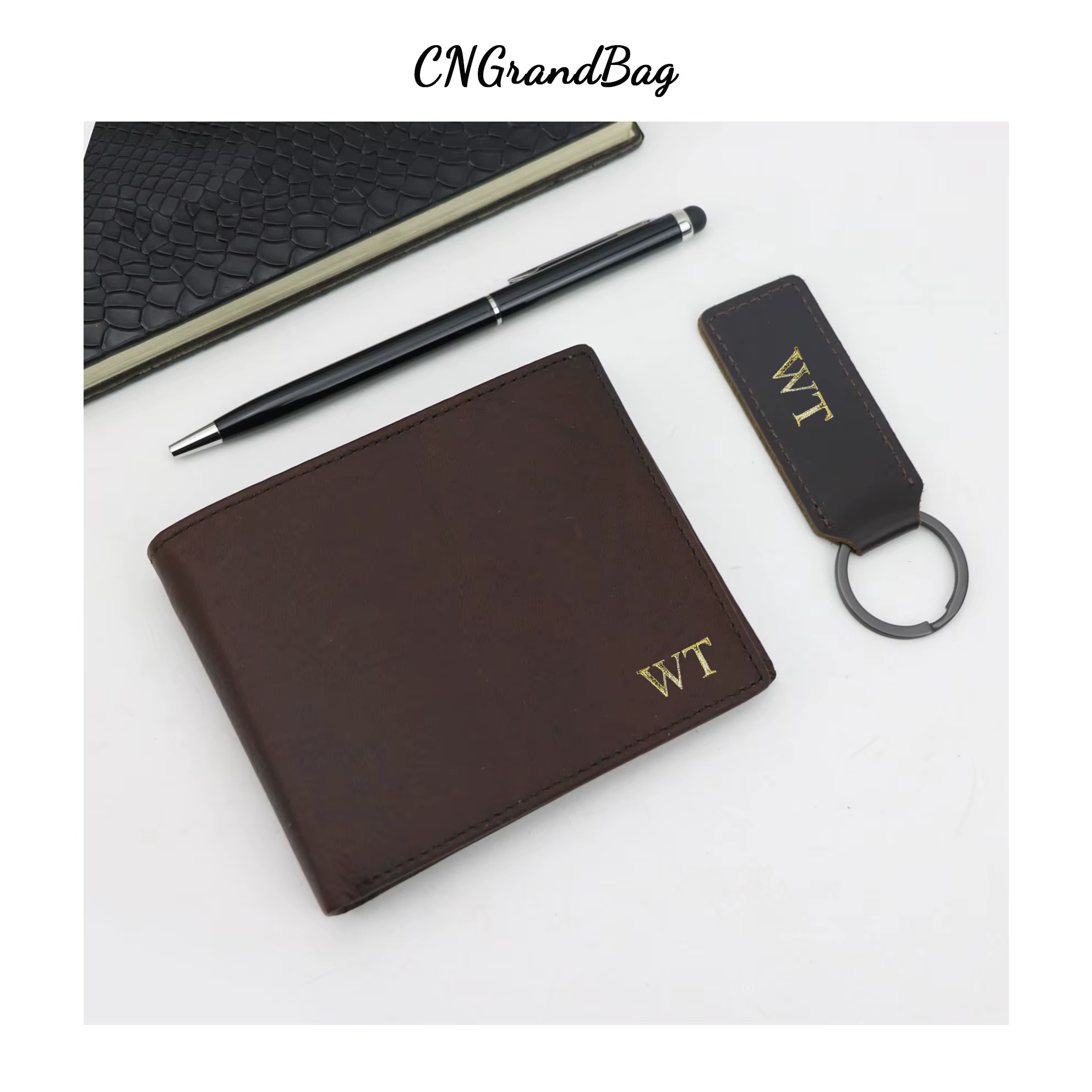 Portefeuille bifold pour homme en cuir véritable avec lettres personnalisées gratuites