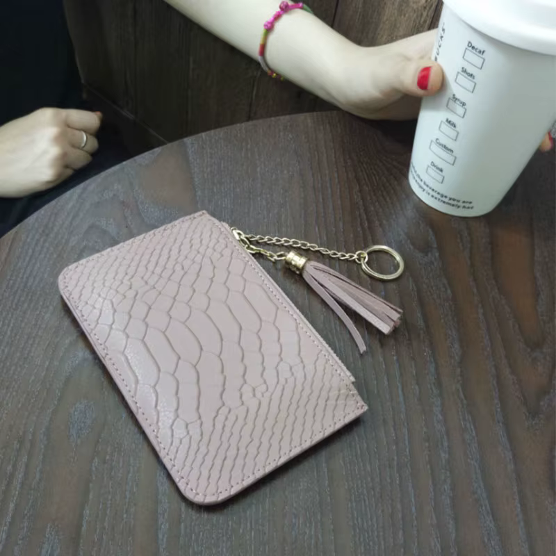 Mini porte-monnaie avec porte-cartes pour dames, sac à main en cuir véritable, motif salle, fermeture éclair courte, pochette mince avec porte-clés, mode