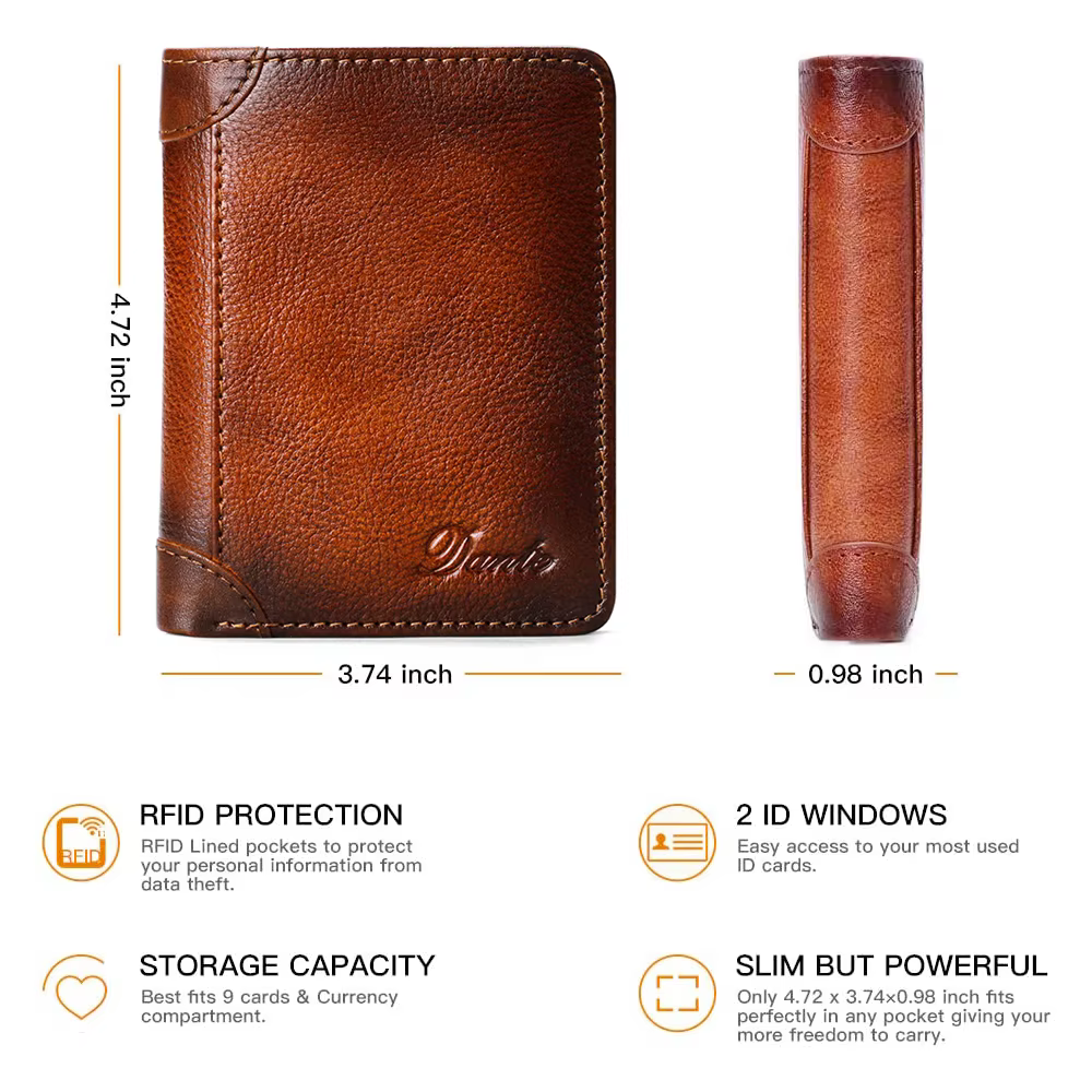 Dante portefeuille en cuir pour hommes RFID antivol brosse tête couche peau de vache rétro décontracté Vertical multi-fonction sac d'argent pinces à billets