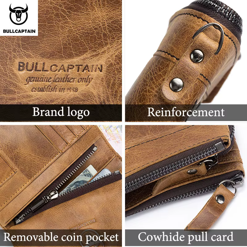 BULLCAPTAIN portefeuille en cuir véritable pour hommes sac à main court petit