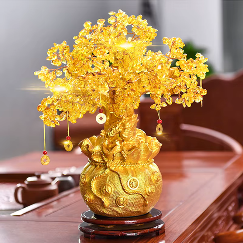 Arbre porte-bonheur Feng Shui 19/24cm, cristal jaune, argent naturel, ornements
