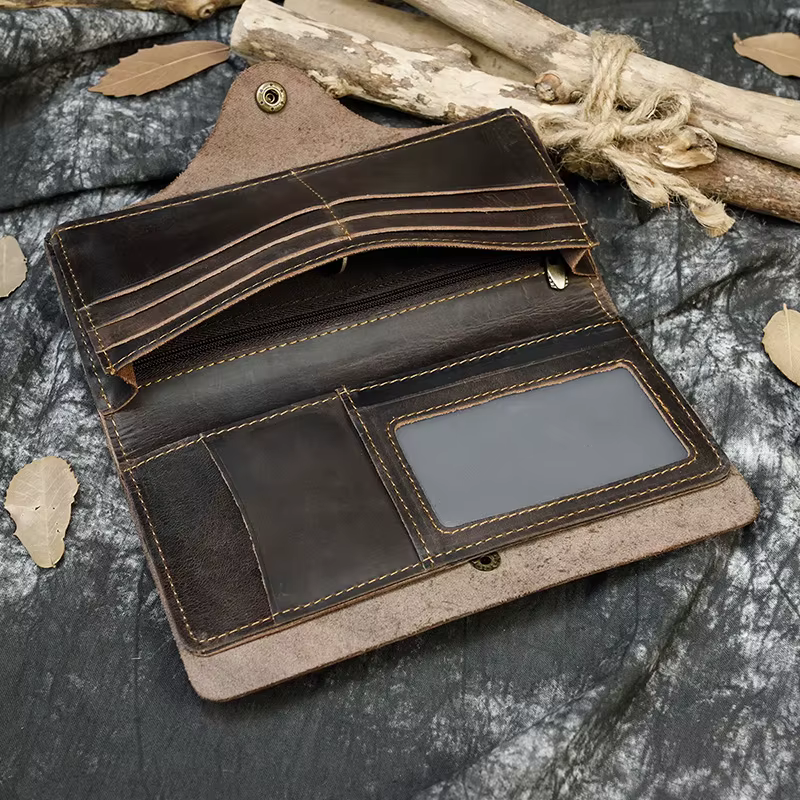 Portefeuille Long en Cuir de Cheval pour Homme, Pochette à Trois Volets, Marron, avec Poche pour Téléphone et Monnaie