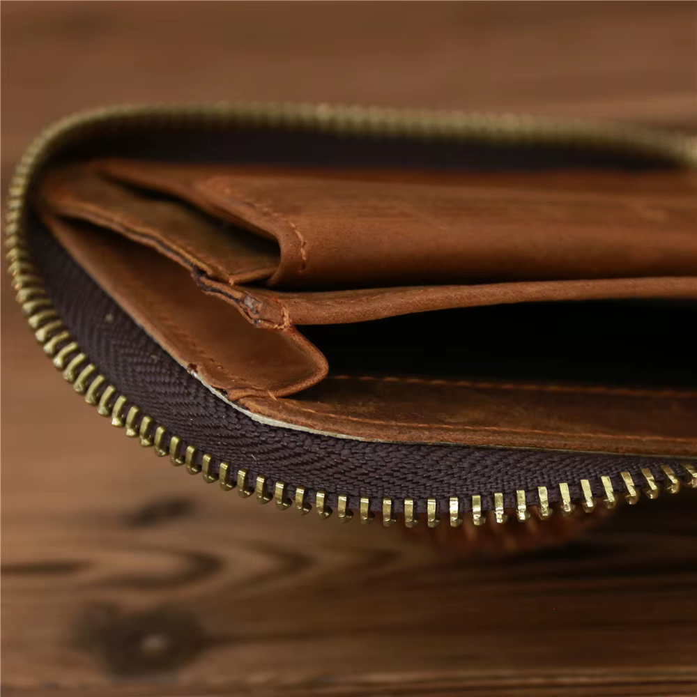 Portefeuille en cuir véritable à fermeture éclair pour hommes