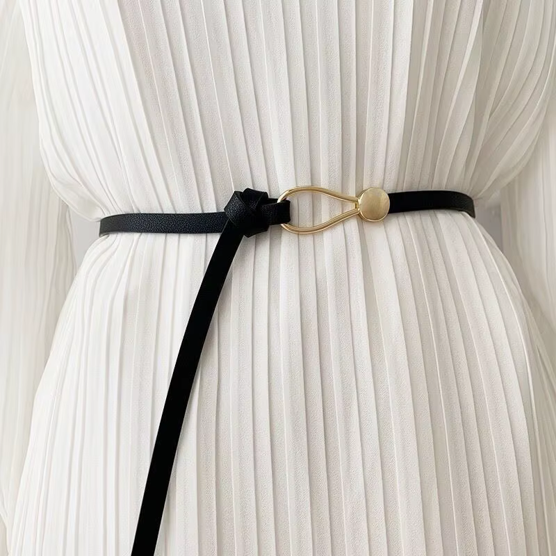 Ceinture fine en cuir avec nœud blanc ou noir pour femme