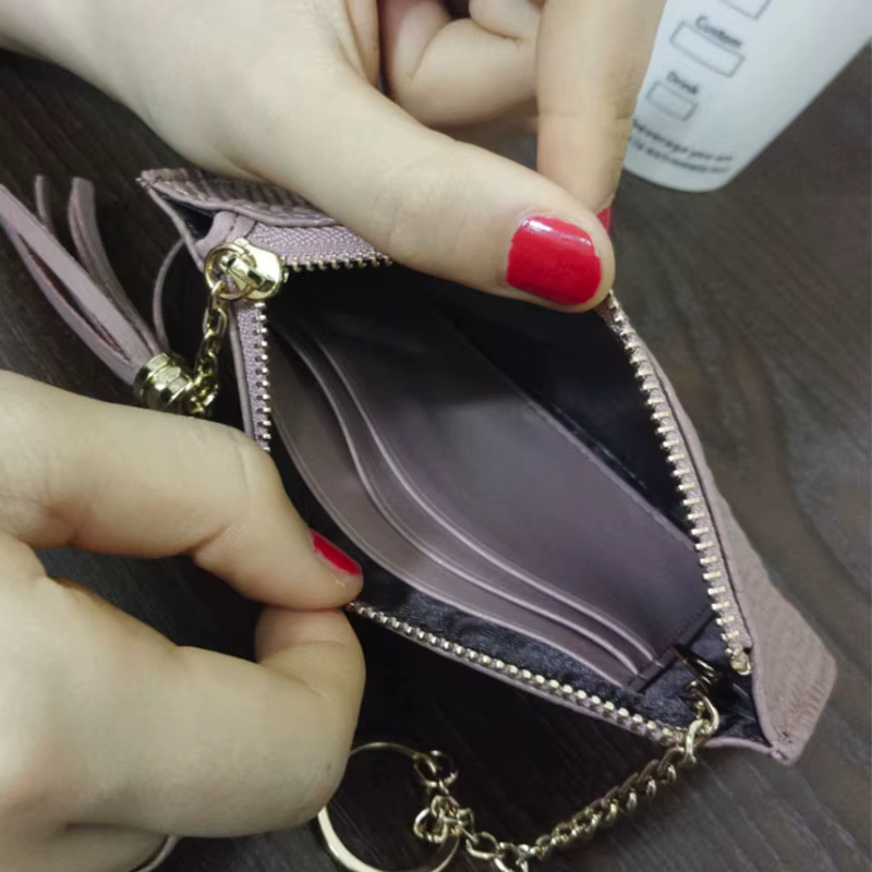 Mini porte-monnaie avec porte-cartes pour dames, sac à main en cuir véritable, motif salle, fermeture éclair courte, pochette mince avec porte-clés, mode