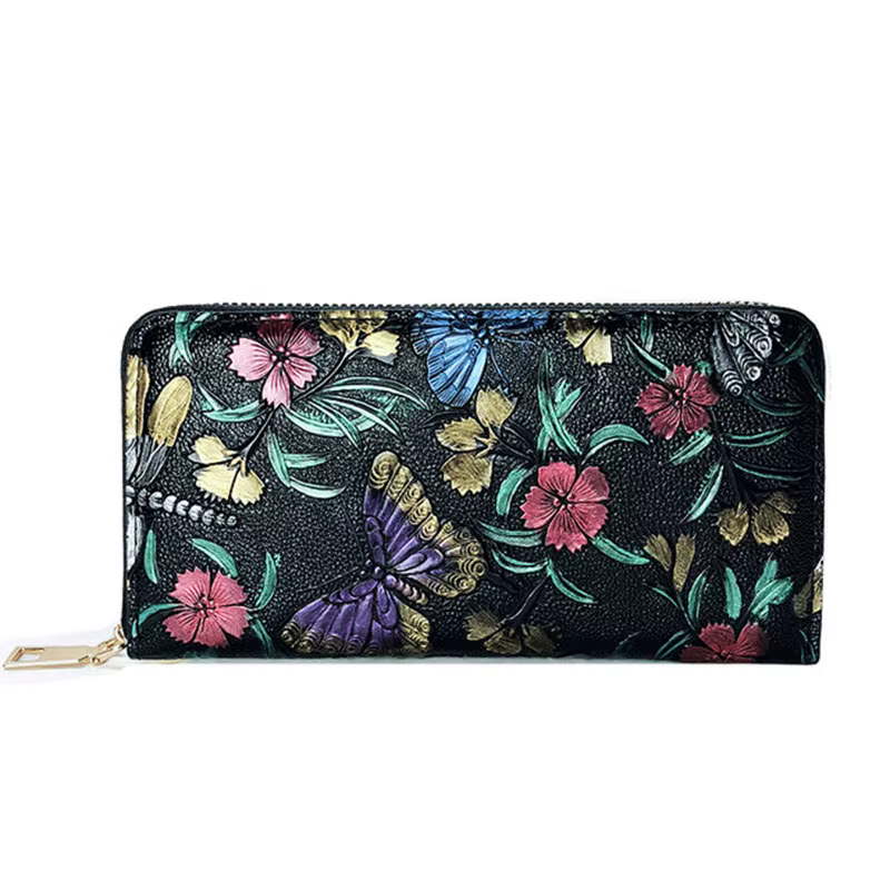 Portefeuille femme rétro moleté Rose fleur motif long en cuir