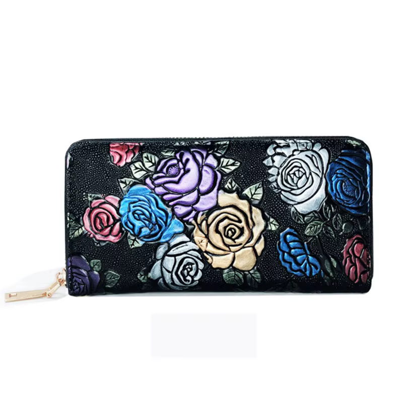 Portefeuille femme rétro moleté Rose fleur motif long en cuir
