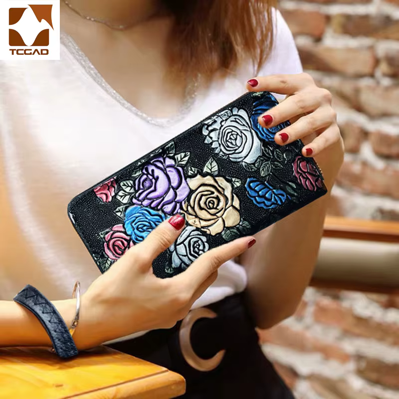 Portefeuille femme rétro moleté Rose fleur motif long en cuir