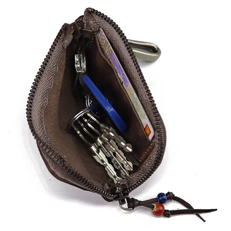 Porte-clés en cuir Original pour hommes, court, Vintage, fait à la main, fermeture éclair, porte-clé de voiture, porte-monnaie, étui pour cartes, organisateur de femme de ménage