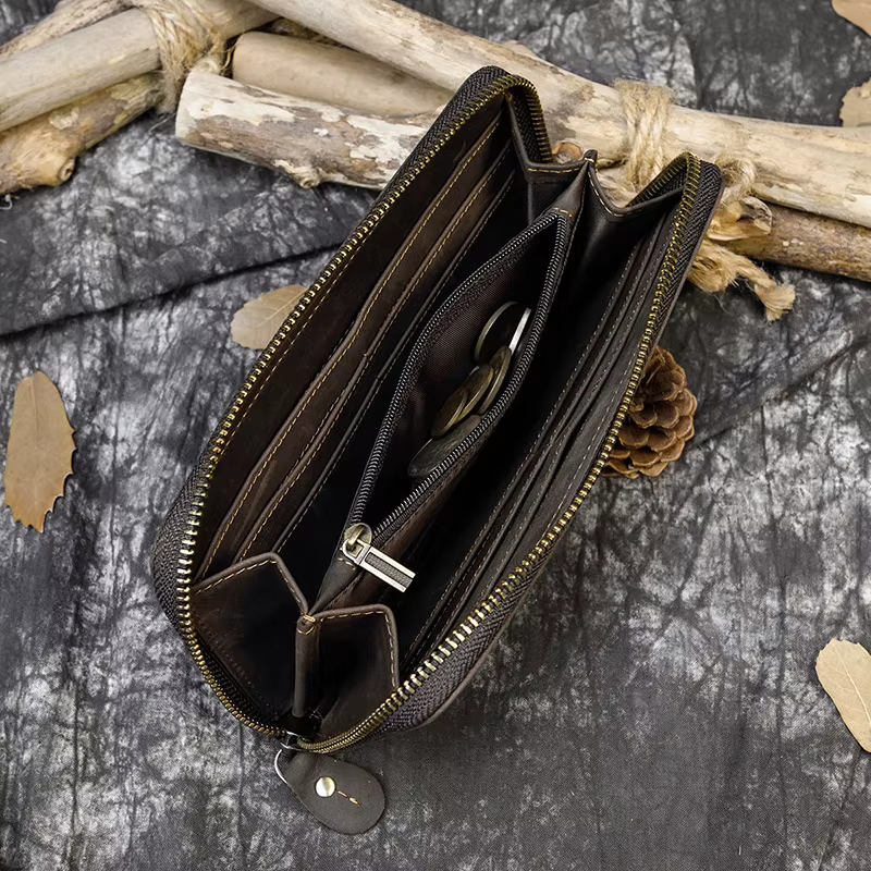 Luufan Crazy Horse portefeuille en cuir hommes pochette sac à main Double fermeture éclair 24 porte-cartes Vintage