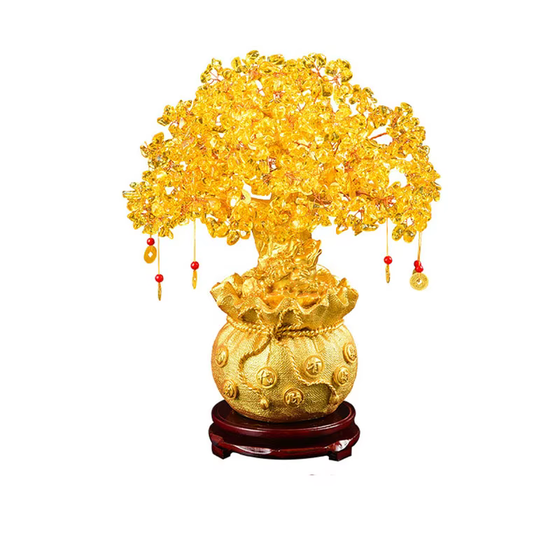 Arbre porte-bonheur Feng Shui 19/24cm, cristal jaune, argent naturel, ornements