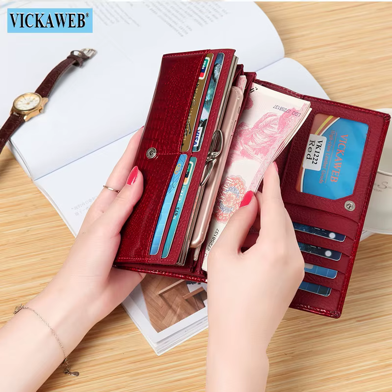 Vickaeb – portefeuille long en cuir véritable pour femmes