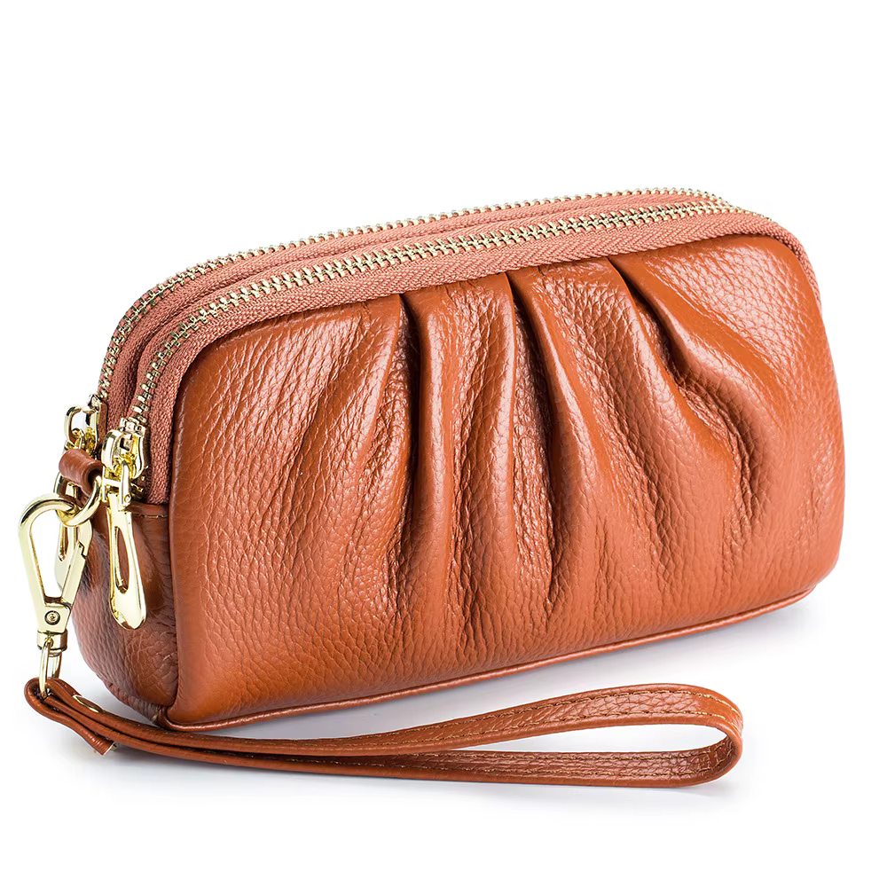 Nouveau 2025 polyvalent dame portefeuille contraste couleur porte-clés chaîne Style véritable couche supérieure en cuir de vache fermeture éclair pièces de monnaie poche sac à main