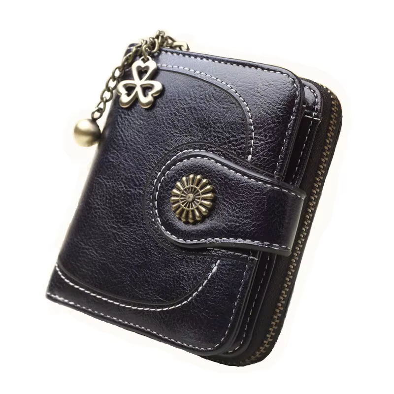 Femmes Vintage portefeuilles en cuir graissé fleur dames fermeture éclair porte-monnaie femme petite pochette sac d'argent portefeuille porte-carte de crédit