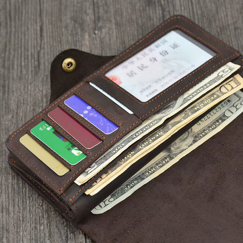 Portefeuille Long en Cuir de Cheval pour Homme, Pochette à Trois Volets, Marron, avec Poche pour Téléphone et Monnaie