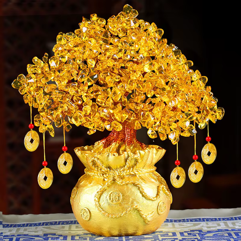 Arbre porte-bonheur Feng Shui 19/24cm, cristal jaune, argent naturel, ornements