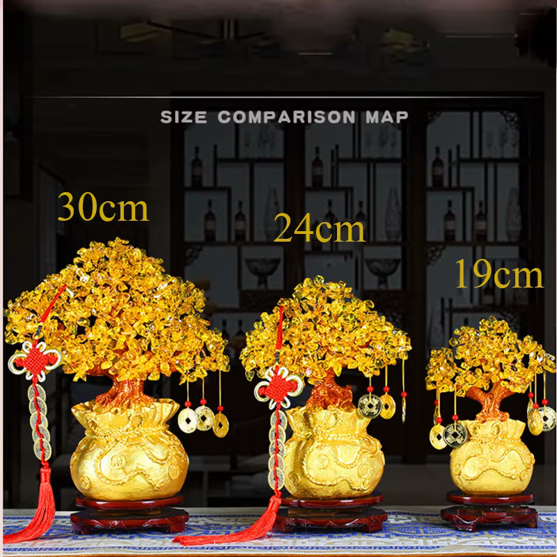 Arbre porte-bonheur Feng Shui 19/24cm, cristal jaune, argent naturel, ornements