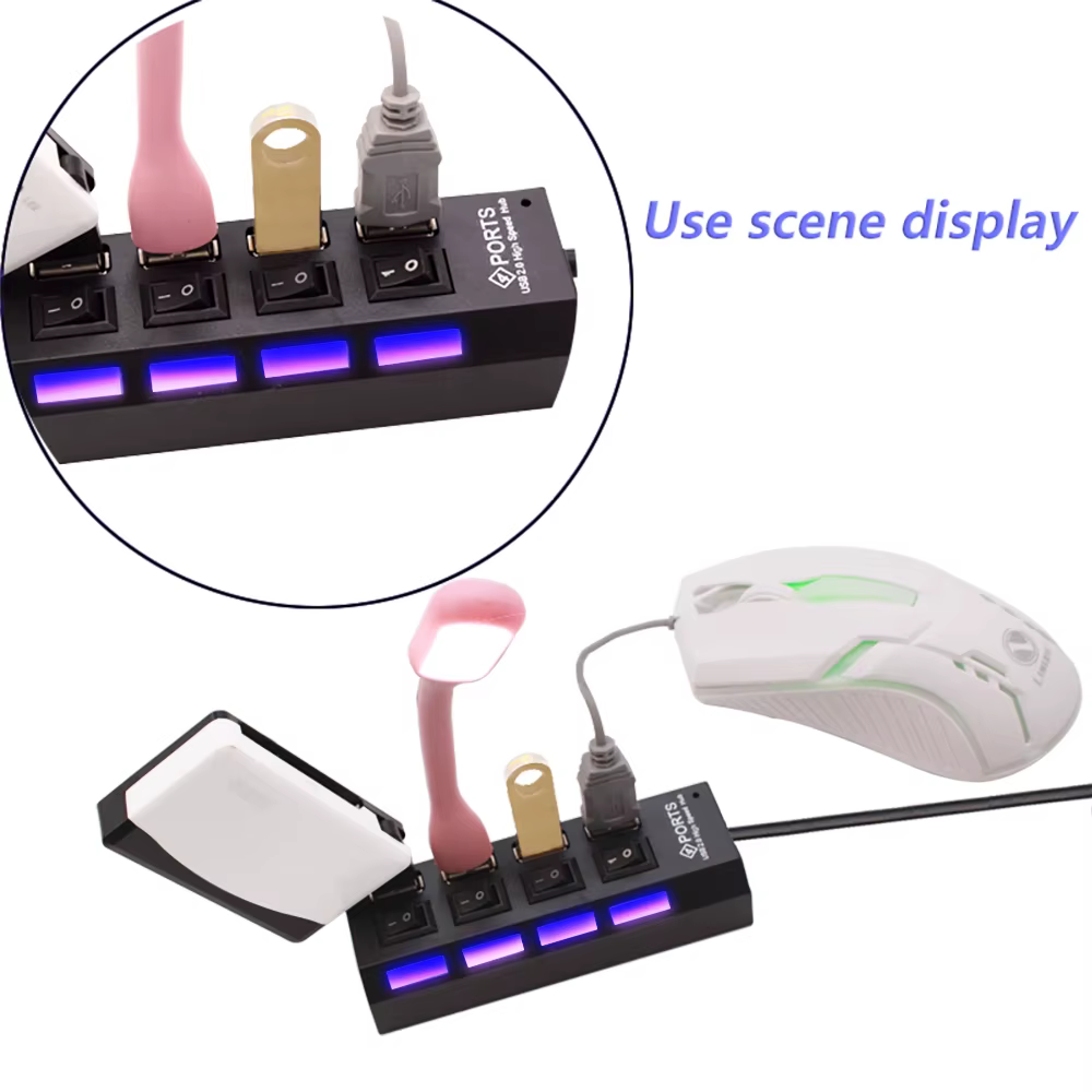 Multi USB Splitter airies avec interrupteur pour PC, adaptateur secteur, extenseur multiple 2.0 ports, USB 2.0, 4/7, 2.0