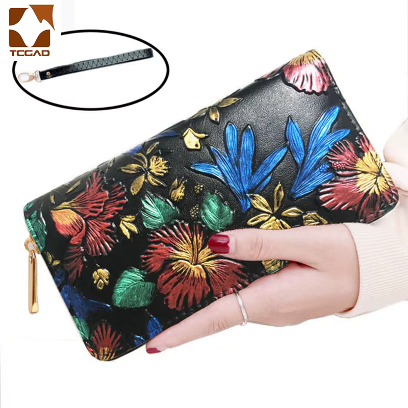 Portefeuille femme rétro moleté Rose fleur motif long en cuir