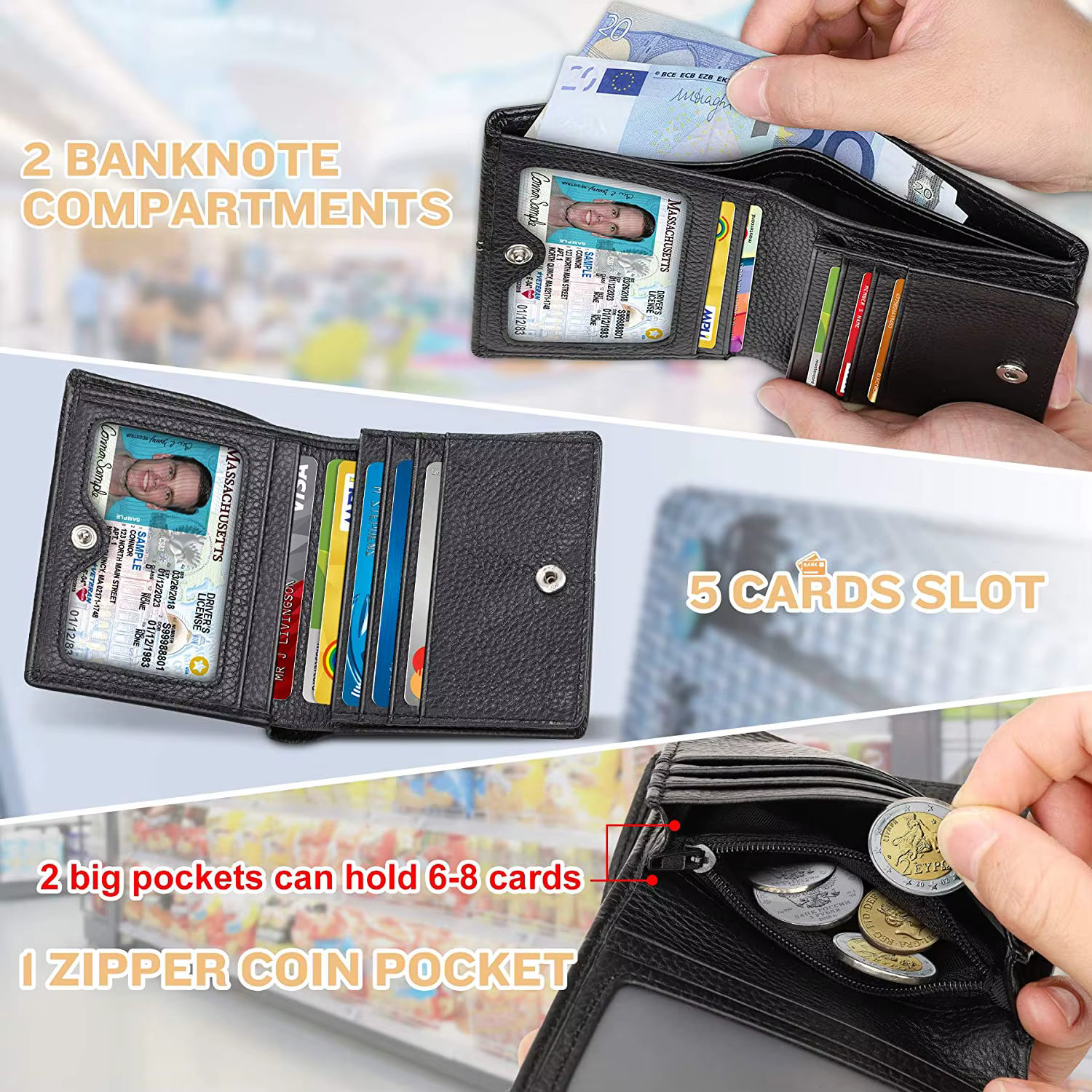 Portefeuille décontracté en cuir véritable souple pour hommes, porte-monnaie noir RFID, porte-cartes
