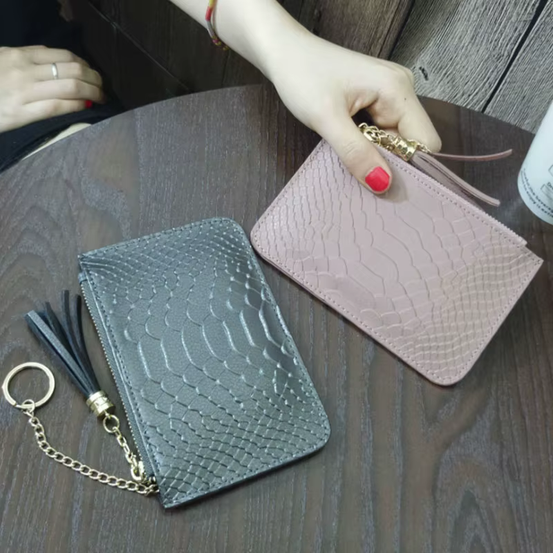 Mini porte-monnaie avec porte-cartes pour dames, sac à main en cuir véritable, motif salle, fermeture éclair courte, pochette mince avec porte-clés, mode