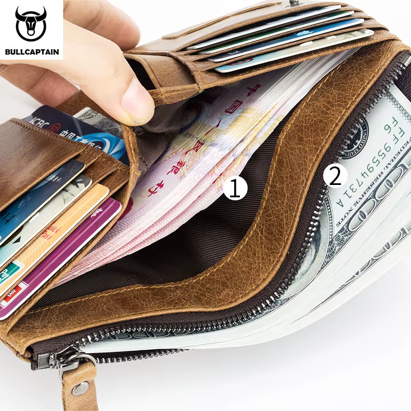 BULLCAPTAIN portefeuille en cuir véritable pour hommes sac à main court petit