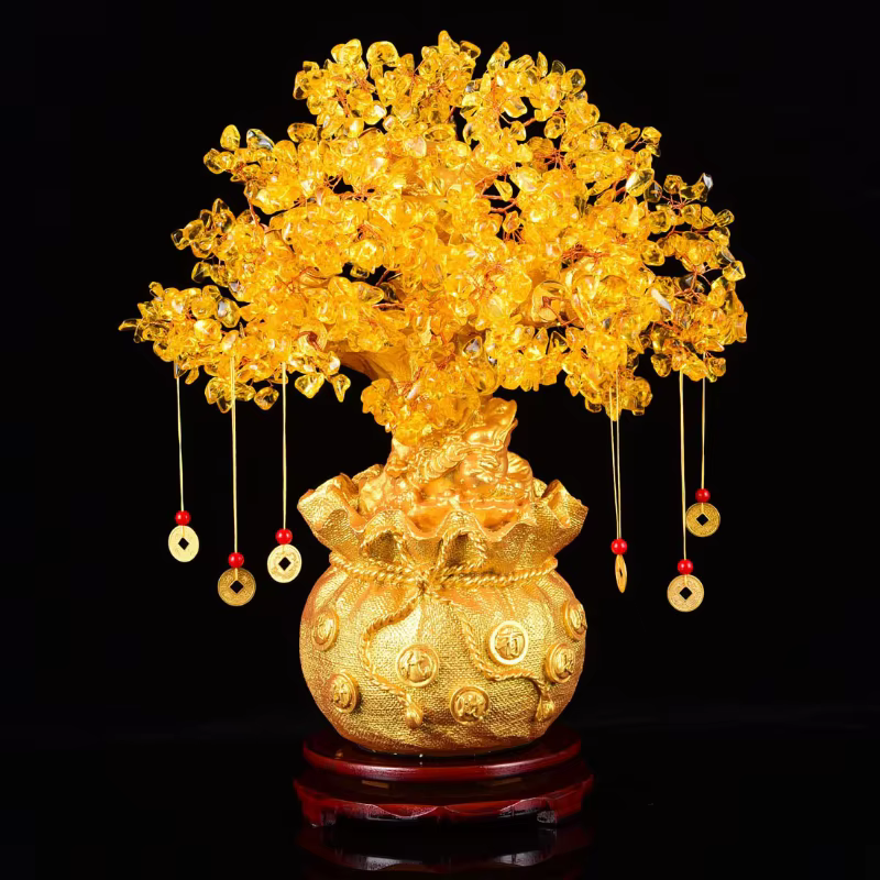 Arbre porte-bonheur Feng Shui 19/24cm, cristal jaune, argent naturel, ornements
