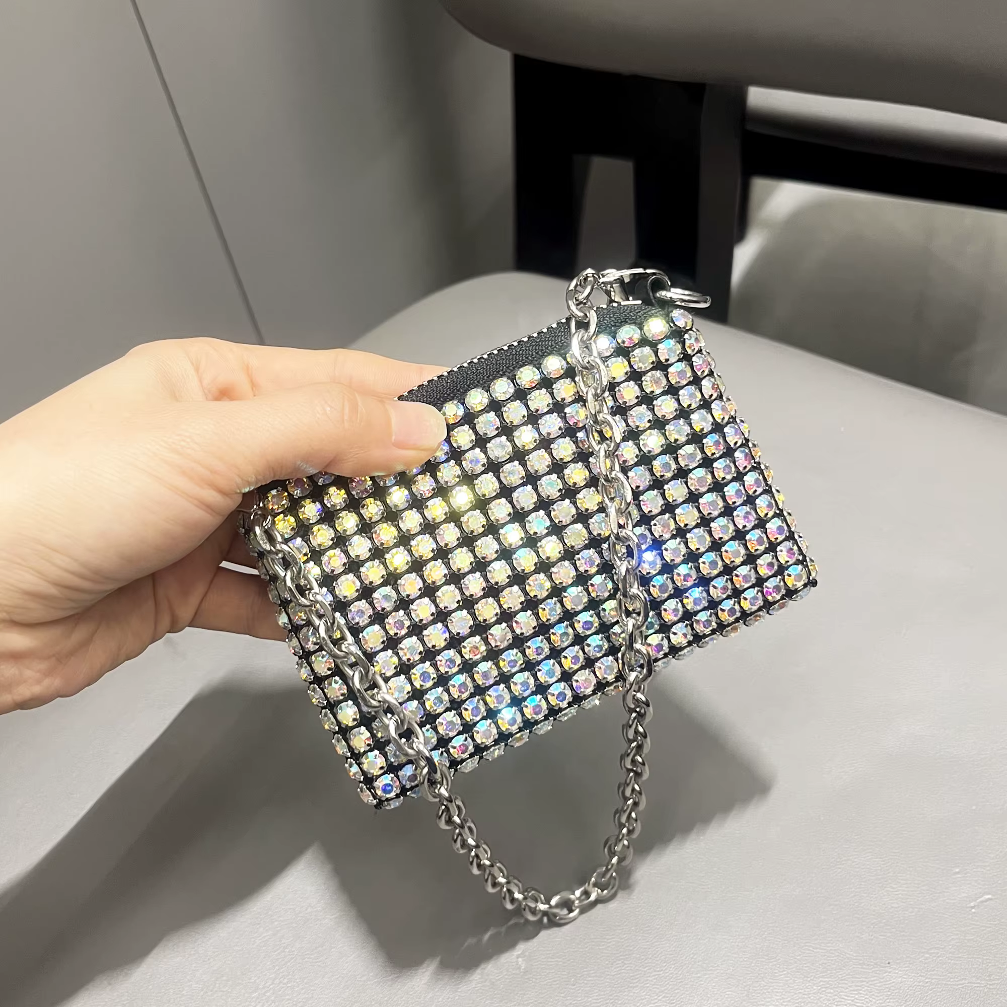 Mini petit sac brillant strass porte-monnaie chaîne courte sac à monnaie fait à la main