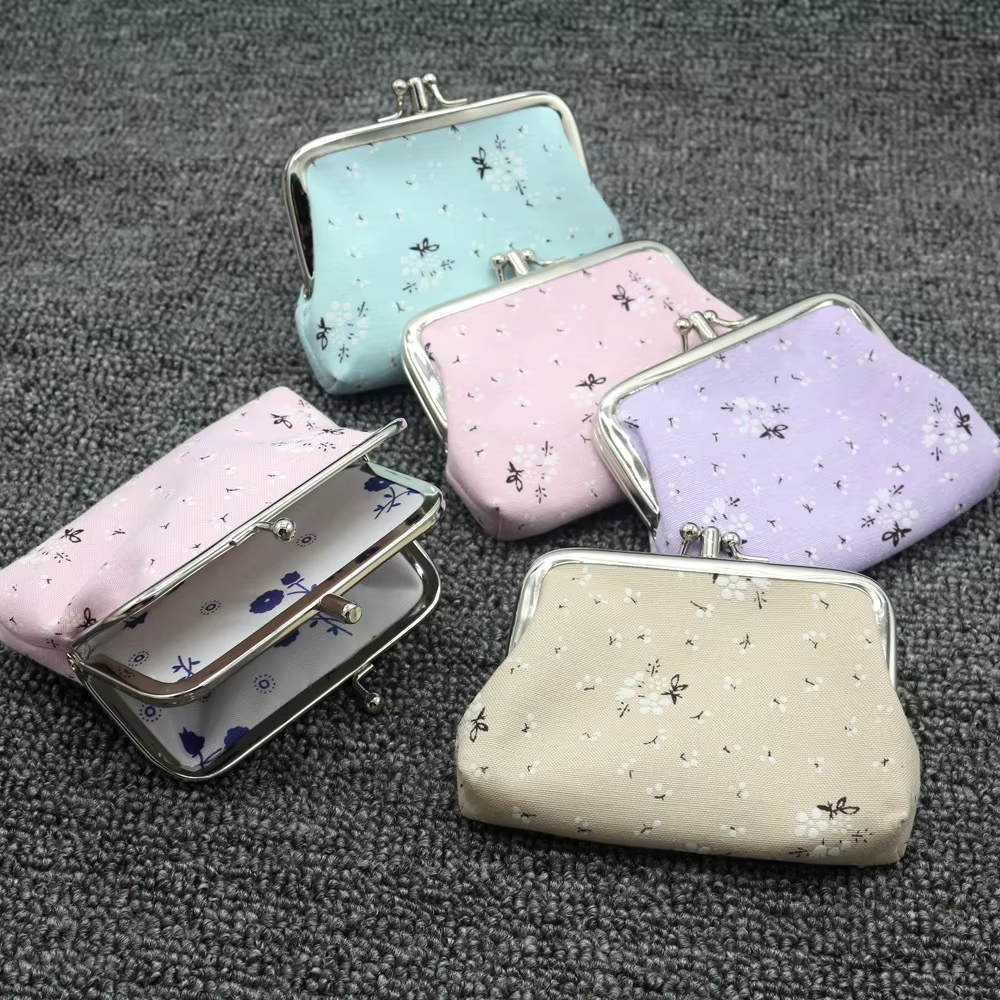 Femmes porte-monnaie mignon fleur imprimé dames Mini sac sac à monnaie deux boutons en métal poche pochette