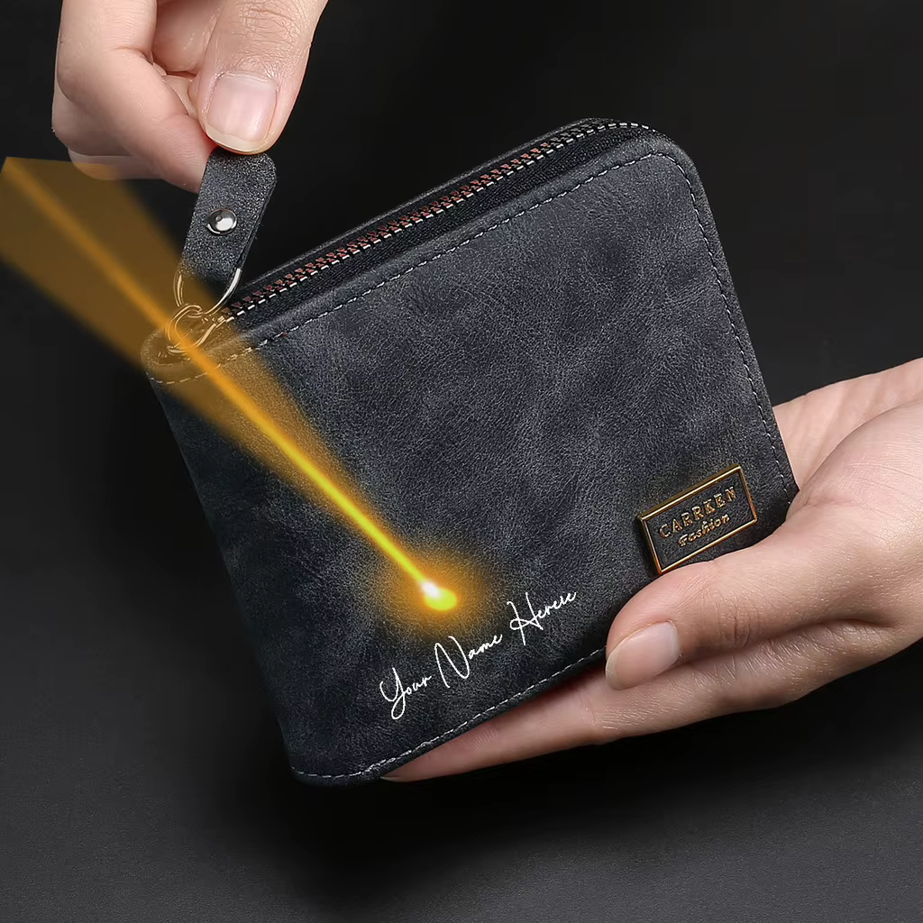 Portefeuille à fermeture éclair pour hommes avec nom gravé personnalisé - Style court avec porte-monnaie porte-carte de