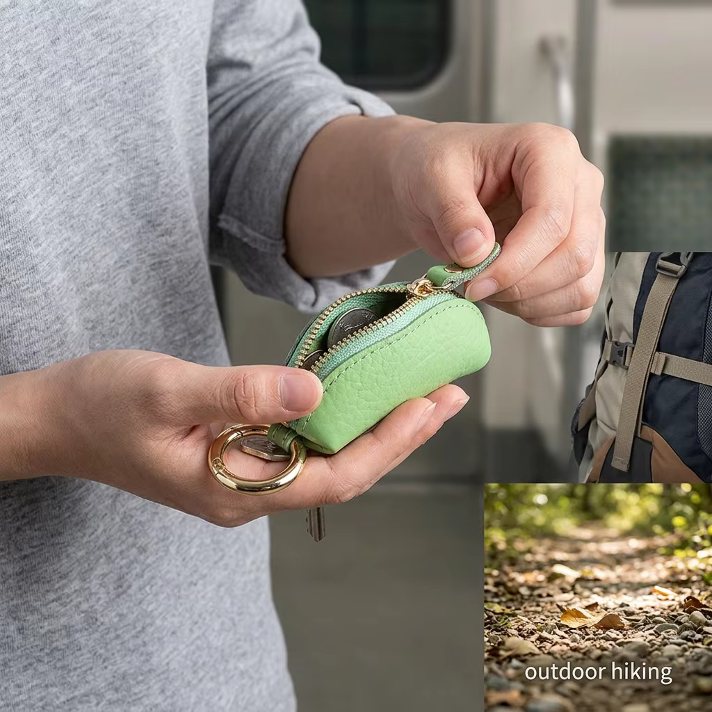 Porte-monnaie compact en cuir avec fermeture éclair sécurisée et porte-clés