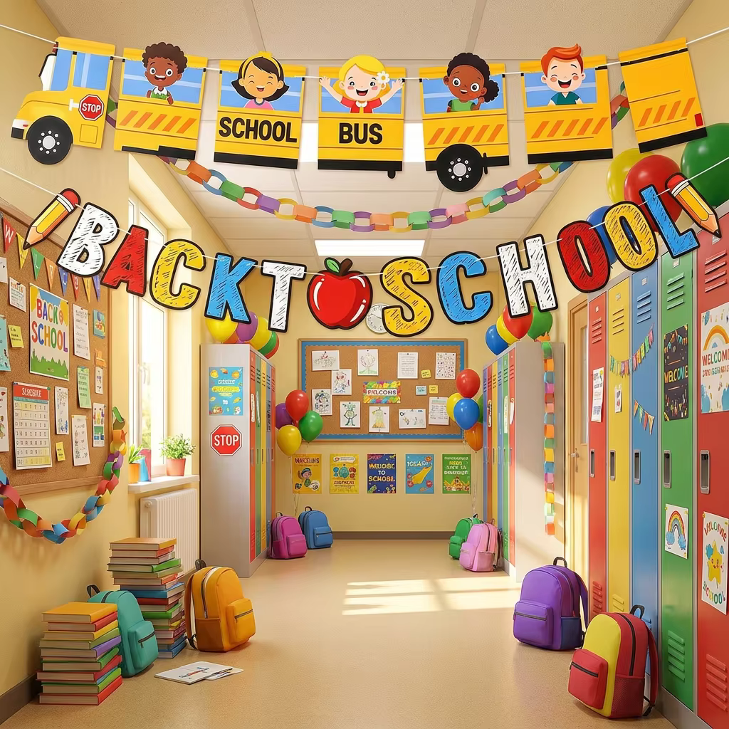 Décoration de classe pour la rentrée scolaire - Panneau « Premier jour d'école » avec bannière bus scolaire, crayon pomme, décoration de remise de diplôme de maternelle