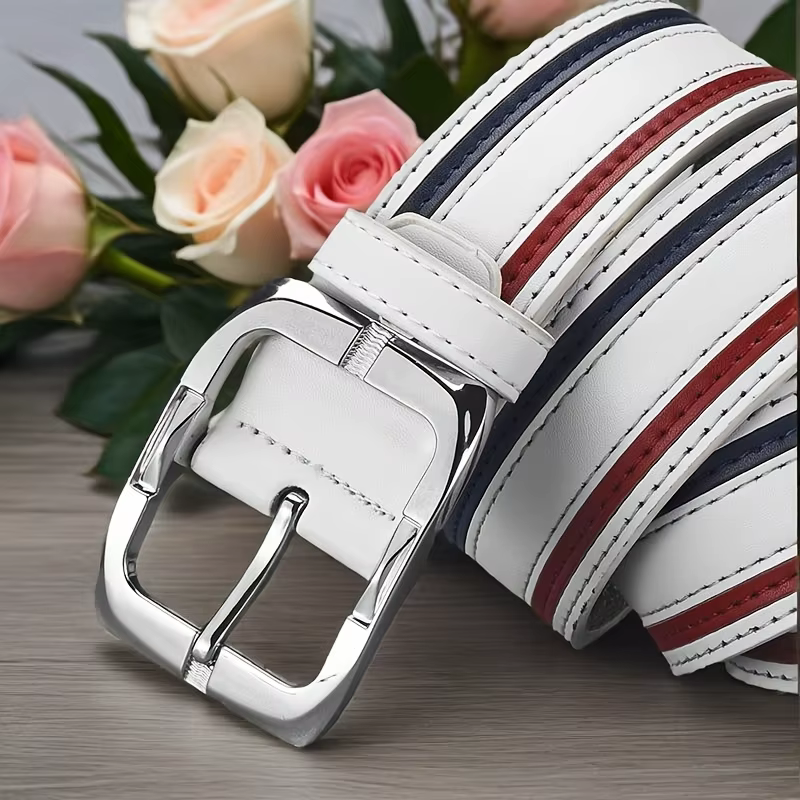 Ceinture pour homme en PU blanc avec design rayé rouge et bleu
