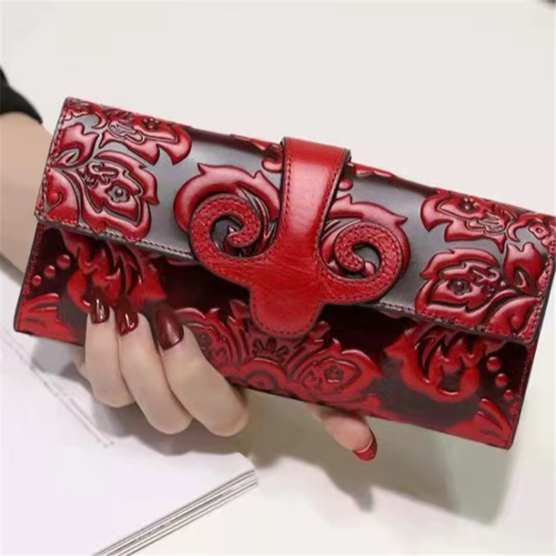 Portefeuille floral en cuir véritable pour femme